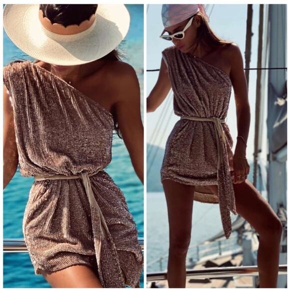 Retrofete Sequins One Shoulder Bronze Velvet Waist Tie Ella Mini Dress L - Picture 1 of 9